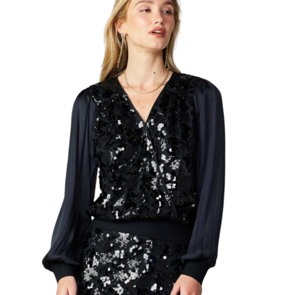 Current Air black surplice v neck long sleeve embellished sequin black top NWT - Picture 8 of 9